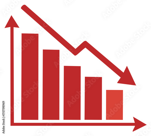 Red down trend graph showing financial losses with declining bars and descending arrow