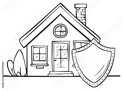 Doodle drawing of a house protected by a shield illustrating home safety and property security
