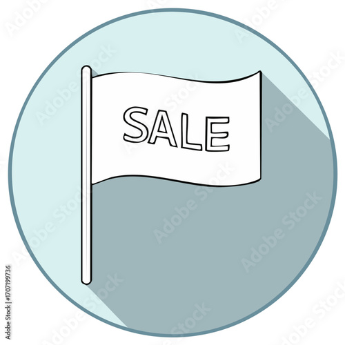 Simple graphic flag with the word sale written on it inside a light blue circle