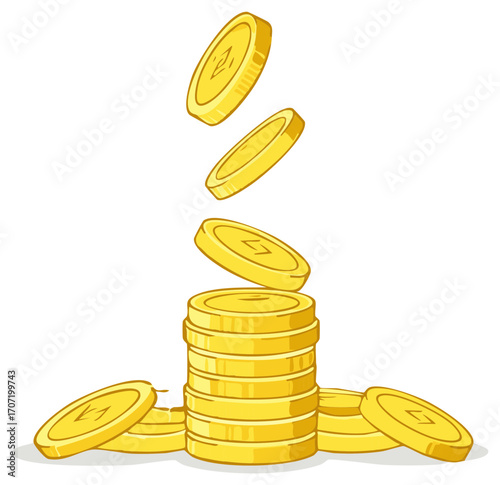 Falling gold coins stacking up illustrating savings wealth and financial growth a cartoon illustration