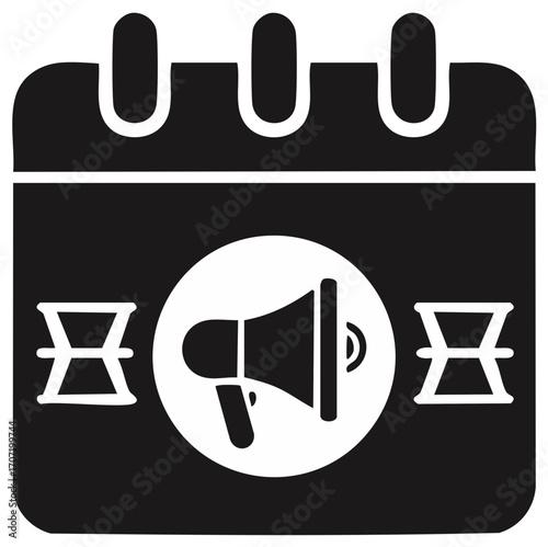 Calendar page with megaphone icon and hourglass symbols indicating scheduled announcements or reminders