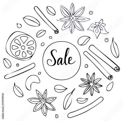 Sale lettering with doodle style spices cinnamon star anise and citrus in a round frame design