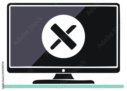 Computer monitor displaying an X mark on screen symbolizing error or cancellation