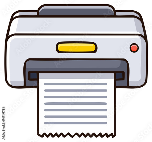 Simple cartoon illustration of an office printer printing a paper document