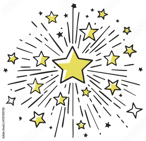 Bursting yellow stars doodle illustration with linear rays isolated on white, celebratory illustration