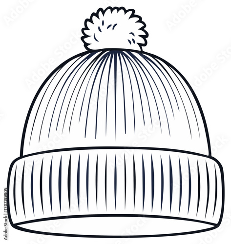 Knitted beanie hat with a pompom detail isolated in outline style