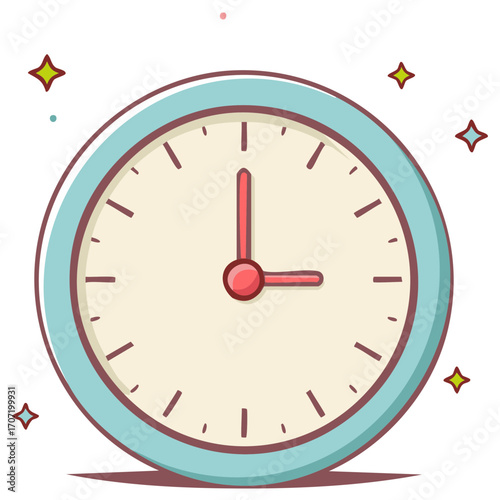 Cartoon wall clock illustration showing the time 3 o'clock with decorative elements.