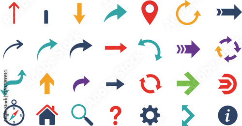Collection of diverse colorful directional arrows and navigation icons symbolizing movement and guidance
