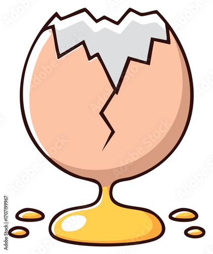 Cracked Eggshell with Yolk Dripping Out and Splattered Pieces