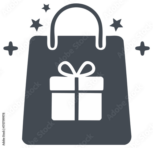Shopping bag with gift box and stars celebrating sales or special occasion