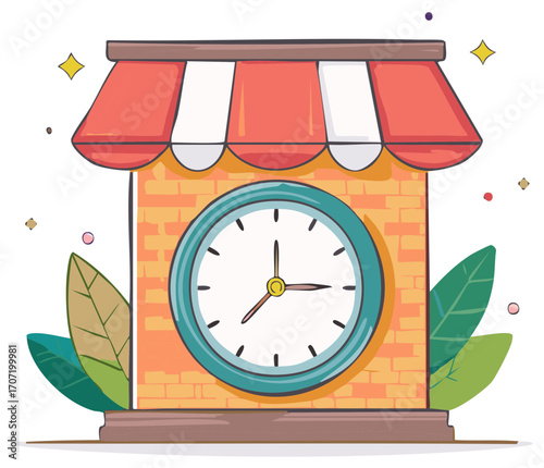 Storefront with a large clock on the brick wall concept for business opening hours