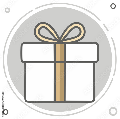 Illustrated gift box icon with ribbon bow in a grey circle for celebration and surprise