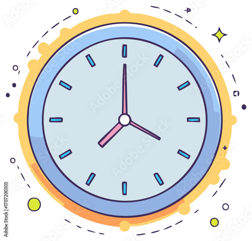 Cartoon clock showing time with graphic design elements