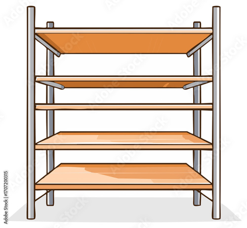 Simple wooden and metal shelving unit with five empty tiers