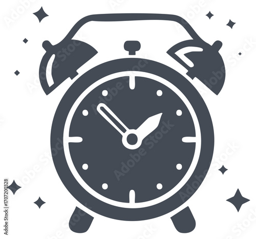 Alarm clock vector illustration, wake up time reminder, notification icon, retro style timepiece