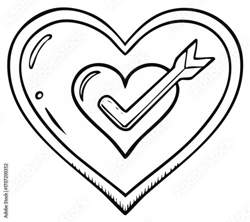 Whimsical doodle of heart shape with arrow, creating a romantic, cute aesthetic, with love symbolism