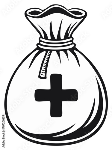 Monochrome illustration of a money bag with a medical cross, symbolizing healthcare costs