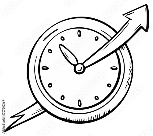 Clock with rising arrow representing progress and deadline, illustrating business growth and investment return