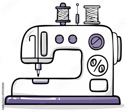 Stylized modern sewing machine illustration with thread spools and needle for textile crafts