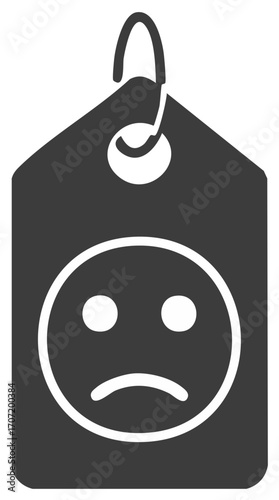 Sad face expression on a tag symbol. Negative, disappointment, customer service.