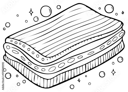 Stack of fluffy towels or linens with bubbles in a drawing style for bath or spa concept, monochromatic vector illustration