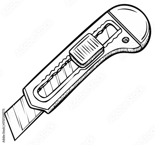 Utility knife illustration; retractable blade, construction, box cutter sketch.