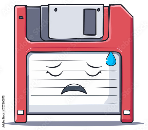 Red floppy disk cartoon character feeling stressed and worried with a sweat drop