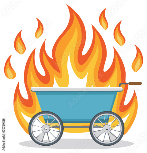 Rolling barbecue grill engulfed in bright flames with a white background