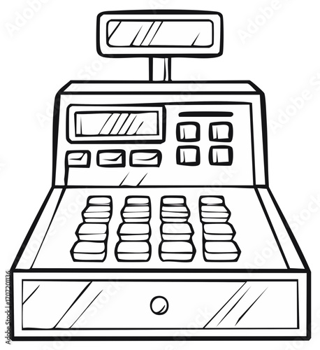 Black and white illustration of a vintage cash register with a drawer and display.