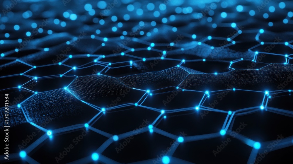 Obraz premium Abstract hexagonal network, glowing blue lines and points on dark background