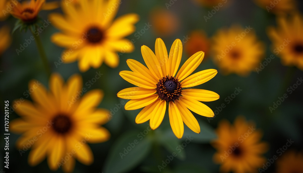 Fototapeta premium Bright yellow coneflower with dark center in garden