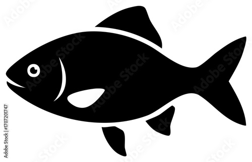 Stylized black silhouette of a fish with fins and tail visible