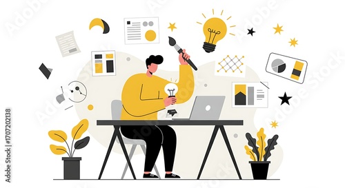 Flat Creative Illustrations of Abstract People with Lightbulbs, Brushes, and Geometric Elements in Modern Workspace