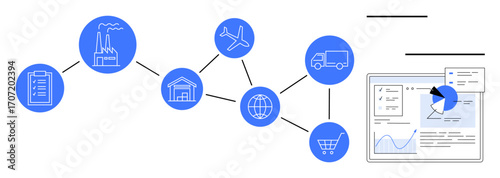 Connected supply chain icons of factory, warehouse, airplane, shipping truck, world map, shopping cart, and analytics dashboard. Ideal for logistics, planning operations data commerce strategy