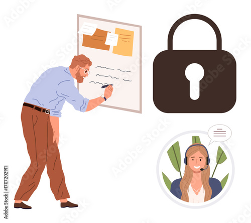 Man writing notes on board, security lock concept, woman in headset for remote support. Ideal for business management, cybersecurity, teamwork, customer communication, remote work, data security