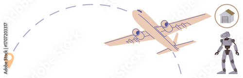 Airplane on dotted flight path, robot figure, and warehouse icon. Ideal for transport, logistics, automation, robotics, supply chain innovation travel concepts. A simple flat metaphor