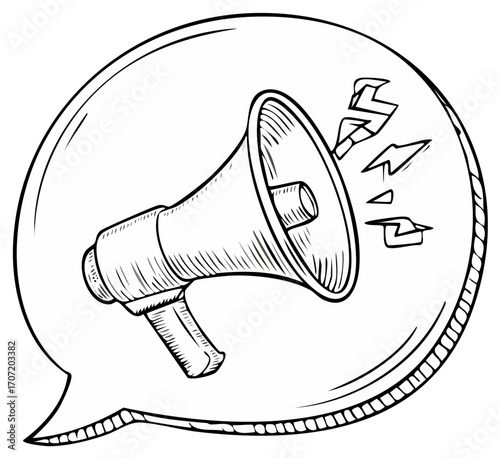 Hand drawn megaphone with sound waves inside speech bubble for communication announcement and alert