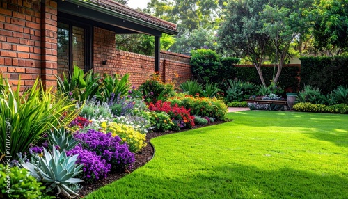Lush garden with vibrant flowers borders a brick building under a leafy canopy on a sunny day, showing vibrant colors and textures