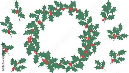 クリスマスリースのイラスト。12月のクリスマス素材。ヒイラギの冬クリスマスフレーム背景。Illustration of a Christmas wreath. December Christmas materials. Holly winter Christmas frame background.