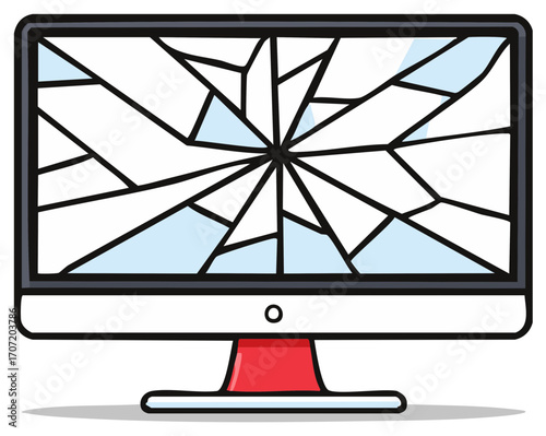 Vector illustration of a modern desktop computer with a cracked and shattered screen
