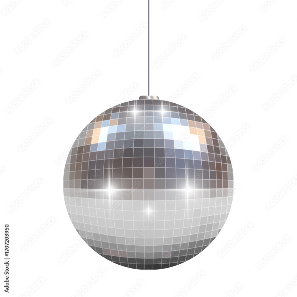 Fototapeta premium Shiny chrome or silver disco ball hangs and reflects light. Disco ball for disco, party. Holiday attribute. Vector illustration. Ideal for club posters, dance party invitations, and festive background