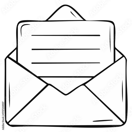 Line art illustration of open envelope with letter inside showing sending correspondence