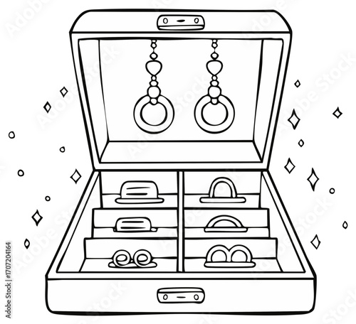 Drawn Open Jewelry Box with Rings and Accessories