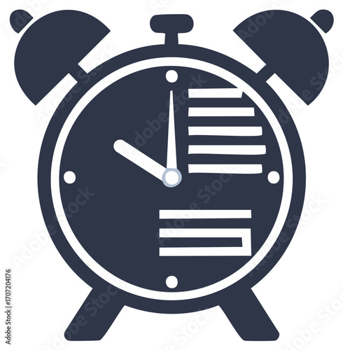 Classic alarm clock graphic illustration with time hand pointing, ringing bells and legs.