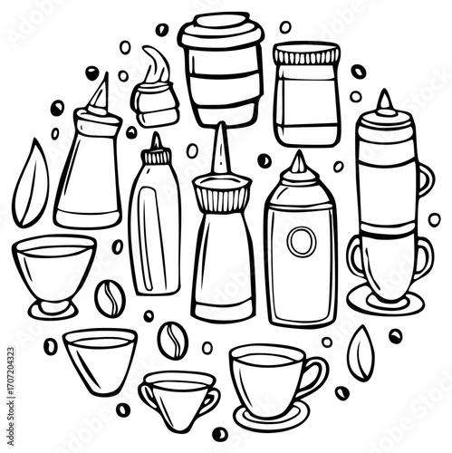 Hand drawn doodle set of coffee shop elements with cups, barista syrups, and coffee beans
