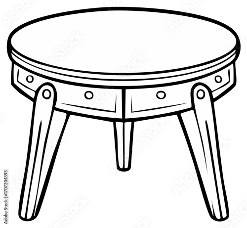 Simple illustration of a round top three-legged table with drawers