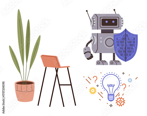 Robot with shield for safety, light bulb for ideas, plant for growth, chair for work, surrounded by abstract gears and question marks. Ideal for technology, innovation, AI, safety creativity