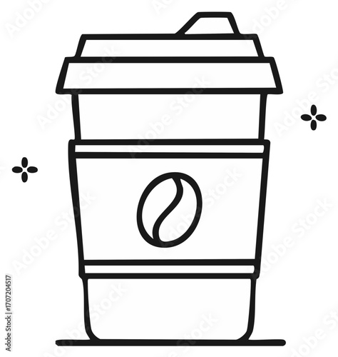 Outline Coffee Cup To Go Container with Bean Icon and Sparkles