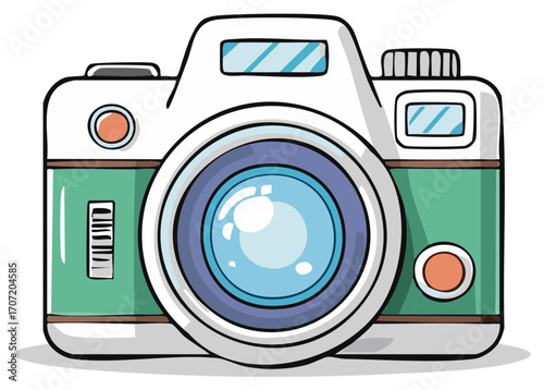 Vintage digital camera illustration with a green and white design isolated.