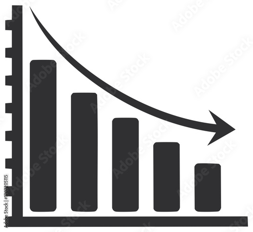 Declining bar chart with a downward trend arrow showing decrease and financial loss
